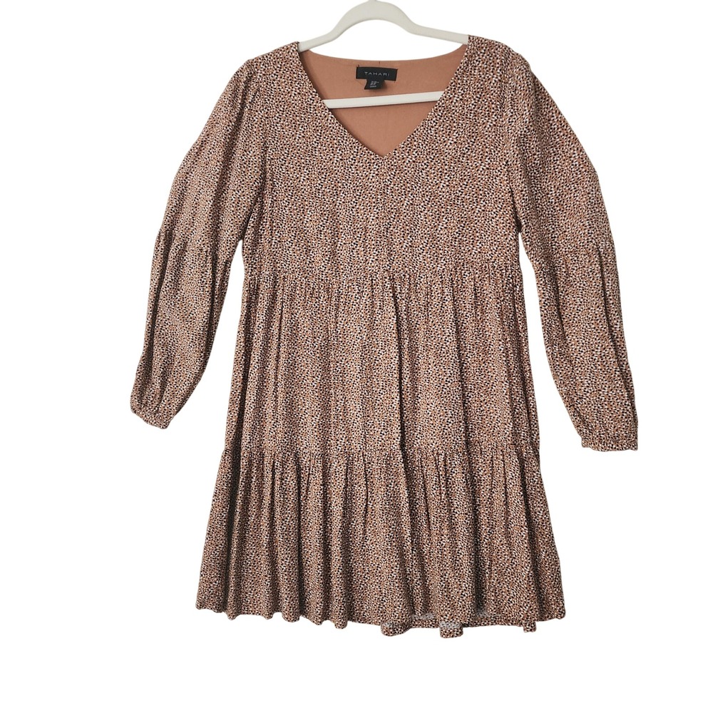 Tahari Womens XS Brown Animal Print Tiered Babydoll Mini Dress VNeck Long Sleeve